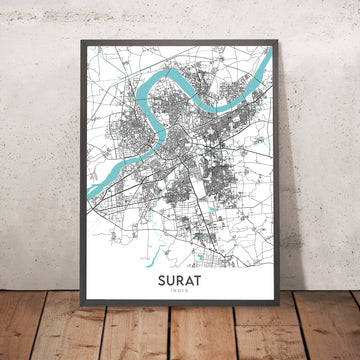 Moderne Stadtkarte von Surat, Gujarat: Athwa, Tapi-Fluss, Sarthana-Park, Dumas Rd, Niederländischer Garten 