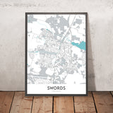 Moderne Stadtkarte von Swords, Irland: Schloss Swords, Schloss Malahide, Donabate Strand, Portrane Strand, Rush Strand 