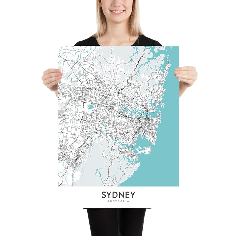 Mappa della città moderna di Sydney, Australia: CBD, Opera House, Harbour Bridge, Bondi Beach, The Rocks 