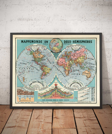 Ancienne carte du monde du double hémisphère en 1925 par Joseph Forest - Volcans, montagnes, fonds marins