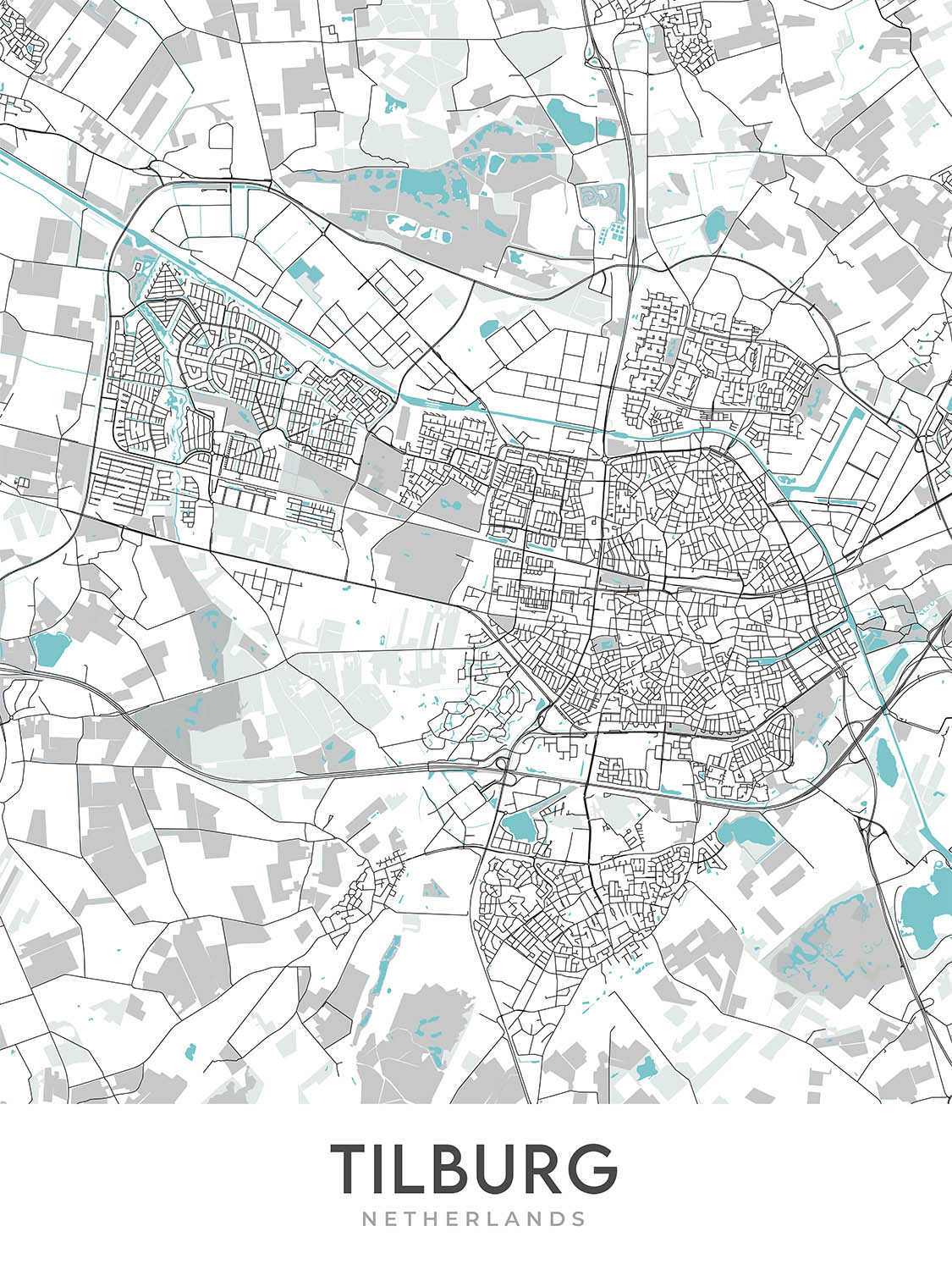 Mapa moderno de la ciudad de Tilburg, Países Bajos: Universidad de Tilburg, Museo De Pont, Natuurmuseum Brabant, TextielMuseum, Paleis-Raadhuis