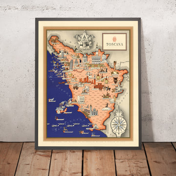 Old Pictorial Map of Tuscany by De Agostini, 1938: Pisa, Florence, Siena, Tuscan Archipelago, Foreste Casentinesi