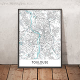 Moderne Stadtkarte von Toulouse, Frankreich: Saint-Sernin, Pont Neuf, Place du Capitole, Canal du Midi, Garonne-Fluss 