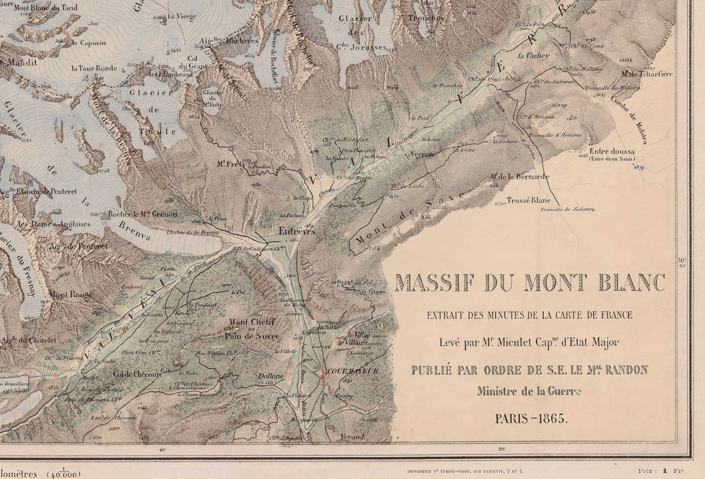 Alte Karte des Mont-Blanc-Massivs im Jahr 1865 von Jean-Joseph Mieulet - Chamonix, Entreves, Les Houches, Saint-Nicolas de Veroce, die Alpen