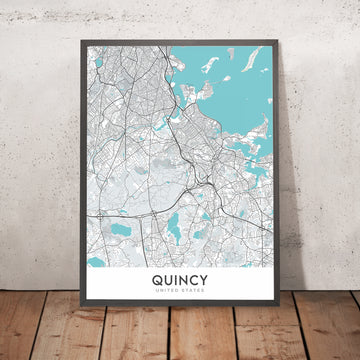 Mappa della città moderna di Quincy, MA: Parco Nazionale di Adams, Riserva delle Blue Hills, Cimitero, Mercato, Spiaggia di Wollaston 