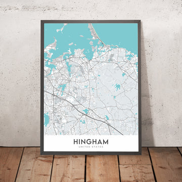 Mappa della città moderna di Hingham, MA: Porto di Hingham, Fine del Mondo, Parco di Bare Cove, Foreste di Whitney e Thayer, La Chiesa della Vecchia Nave 