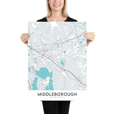 Mapa moderno de la ciudad de Middleborough, MA: Centro de Middleborough, Lago Assawompset, Interestatal 495, Río Nemasket, Estanque Assawompset