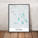 Moderne Stadtkarte von Hanson, MA: Hanson Center, Indian Head River, Lake Wampatuck, MA-27, MA-58 