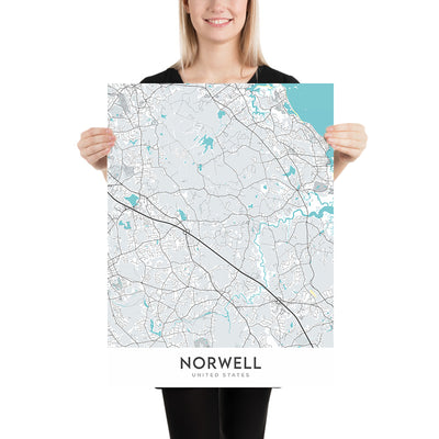Mapa moderno de la ciudad de Norwell, MA: Norwell Center, North River, South River, Indian Head River, Jacobs Pond