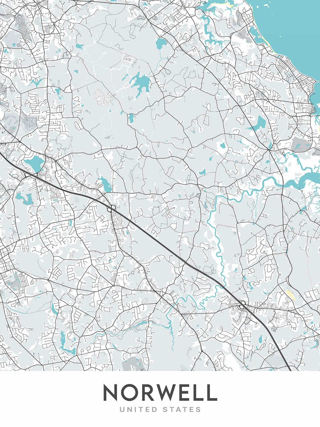 Mapa moderno de la ciudad de Norwell, MA: Norwell Center, North River, South River, Indian Head River, Jacobs Pond