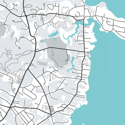 Mapa moderno de la ciudad de Duxbury, MA: Playa de Duxbury, Club de yates de Duxbury, Gurnet Point, Monumento a Myles Standish, Puente Powder Point