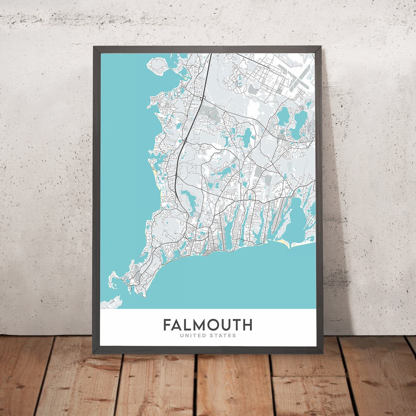 Mapa moderno de la ciudad de Falmouth, MA: puerto de Falmouth, faro de Nobska Point, institución oceanográfica Woods Hole, laboratorio de biología marina, Falmouth Heights