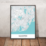 Mappa della città moderna di Mashpee, MA: Commons, South Cape Beach State Park, Riserva di Waquoit Bay, Spiaggia di Popponesset, Lago di Santuit 