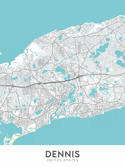 Mapa de la ciudad moderna de Dennis, MA: Dennis Village, East Dennis, Dennis Port, West Dennis, South Dennis