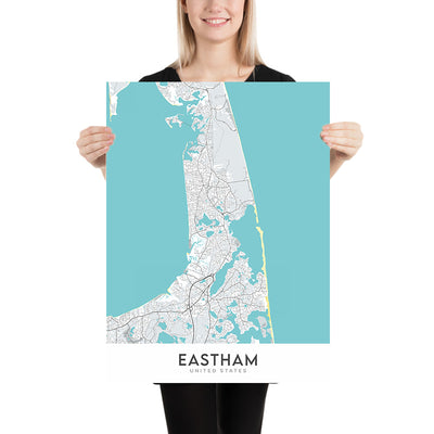 Mapa moderno de la ciudad de Eastham, MA: Nauset Light Beach, Coast Guard Beach, First Encounter Beach, Fort Hill, Rock Harbor