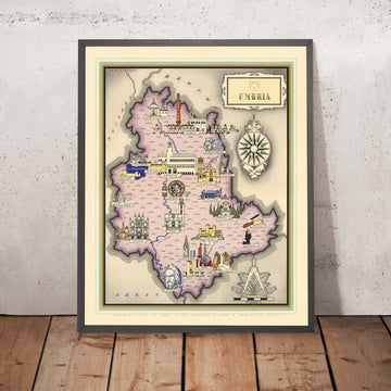 Old Pictorial Map of Umbria, 1938: Perugia, Assisi, Spoleto, Monti Sibillini, Gran Sasso e Monti della Laga