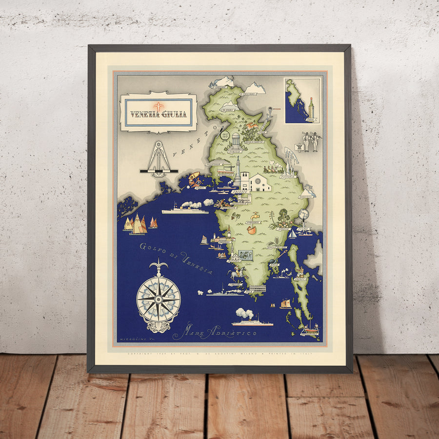 Mappa Pittorica Antica del Friuli-Venezia Giulia di De Agostini, 1938: Trieste, Gorizia, Pola, Fiume, Zara, Alpi 