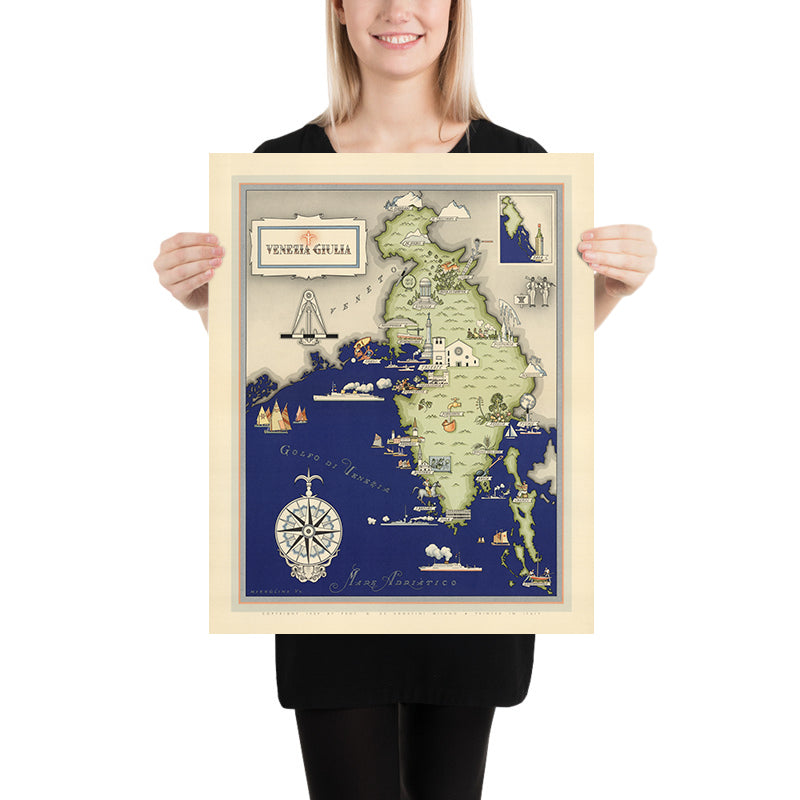 Mappa Pittorica Antica del Friuli-Venezia Giulia di De Agostini, 1938: Trieste, Gorizia, Pola, Fiume, Zara, Alpi 