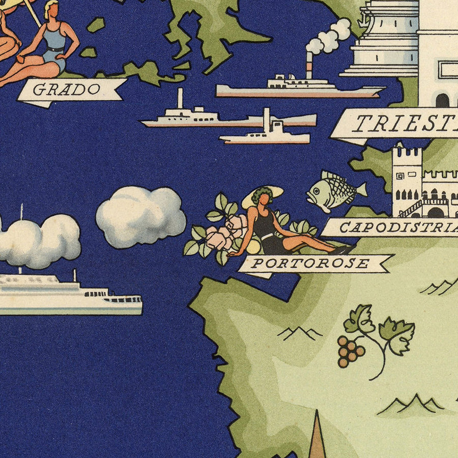 Mappa Pittorica Antica del Friuli-Venezia Giulia di De Agostini, 1938: Trieste, Gorizia, Pola, Fiume, Zara, Alpi 