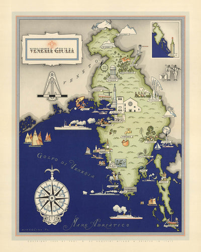 Ancienne carte picturale du Frioul-Vénétie Julienne par De Agostini, 1938 : Trieste, Gorizia, Pola, Fiume, Zara