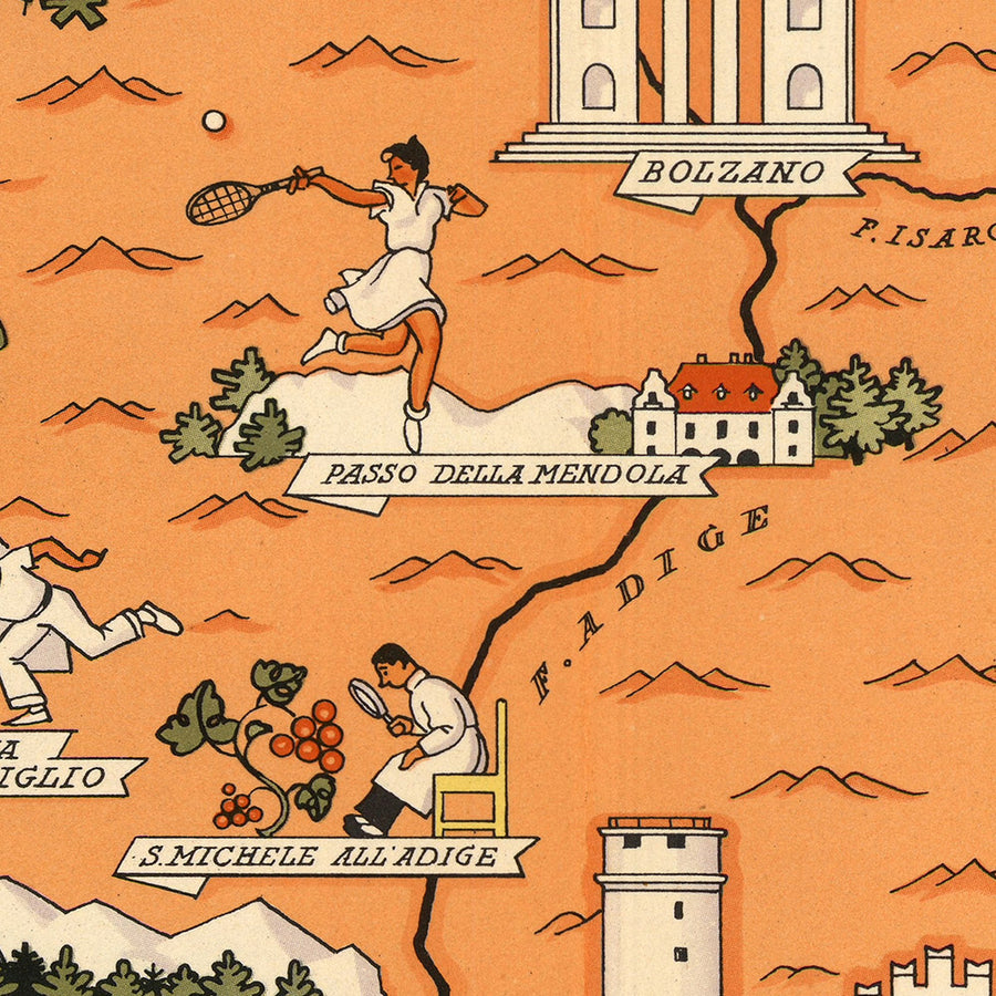 Vecchia Mappa Pittorica del Trentino-Alto Adige di De Agostini, 1938: Trento, Bolzano, Bressanone, Merano, Rovereto 
