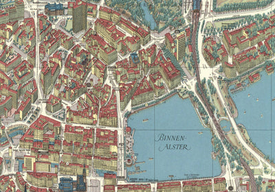 Old Map of Hamburg in 1964 by Hermann Bollman - Binnenalster, Alster Lakes, Heiligengeistfeld, Planten un Blomen, Central Station