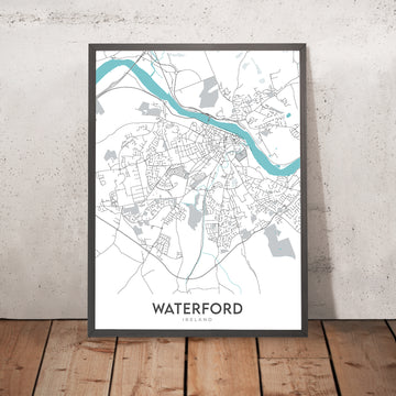 Mappa della città moderna di Waterford, Irlanda: Castello, Torre di Reginaldo, Cattedrale di Christ Church, Cattedrale della Santa Trinità, Fiume Suir 