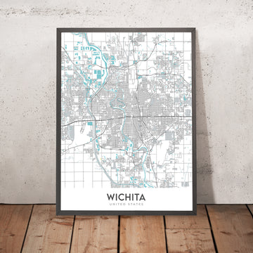 Mapa moderno de la ciudad de Wichita, KS: College Hill, Delano, Centro, Keeper of the Plains, Universidad Estatal de Wichita