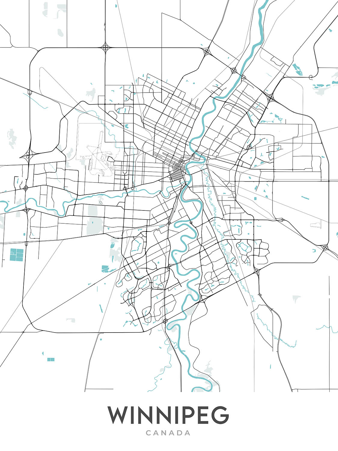 Plan de la ville moderne de Winnipeg, Canada : centre-ville, Saint-Boniface, La Fourche, Musée canadien pour les droits de la personne, Musée du Manitoba