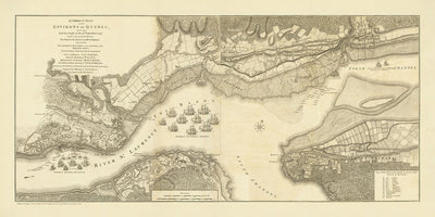 Antiguo mapa militar de la batalla de las llanuras de Abraham de Jefferys, 1768: Quebec, río San Lorenzo, tropas francesas y británicas, artillería, divisiones navales