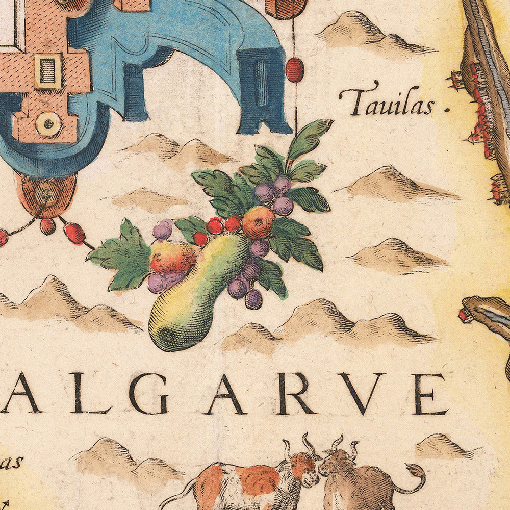 Mapa antiguo del Algarve de Waghenaer, 1588: Faro, Lagos, Portimão, Cabo de San Vicente, cartela decorativa