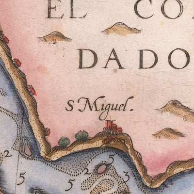 Mapa antiguo del Algarve de Waghenaer, 1588: Faro, Lagos, Portimão, Cabo de San Vicente, cartela decorativa