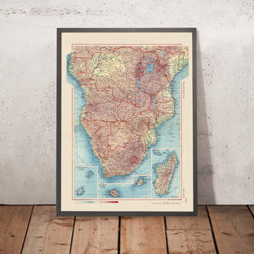 Mapa antiguo de África del Sur, 1967: Congo, Zambia, Sudáfrica, Madagascar, Lago Victoria 