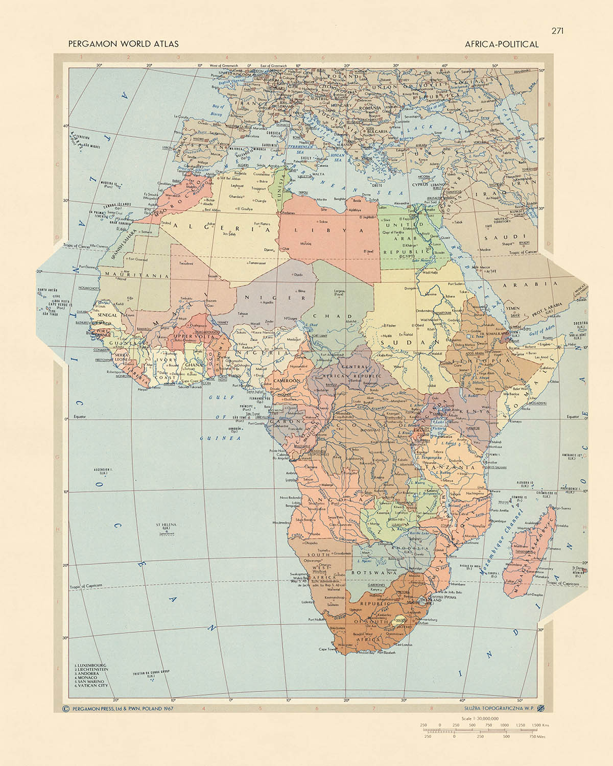 Karte der Alten Welt: Politische Karte Afrikas vom polnischen Topographiedienst der Armee, 1967: Eine Momentaufnahme des geopolitischen Klimas, des detaillierten künstlerischen Stils und der genauen kartografischen Projektion