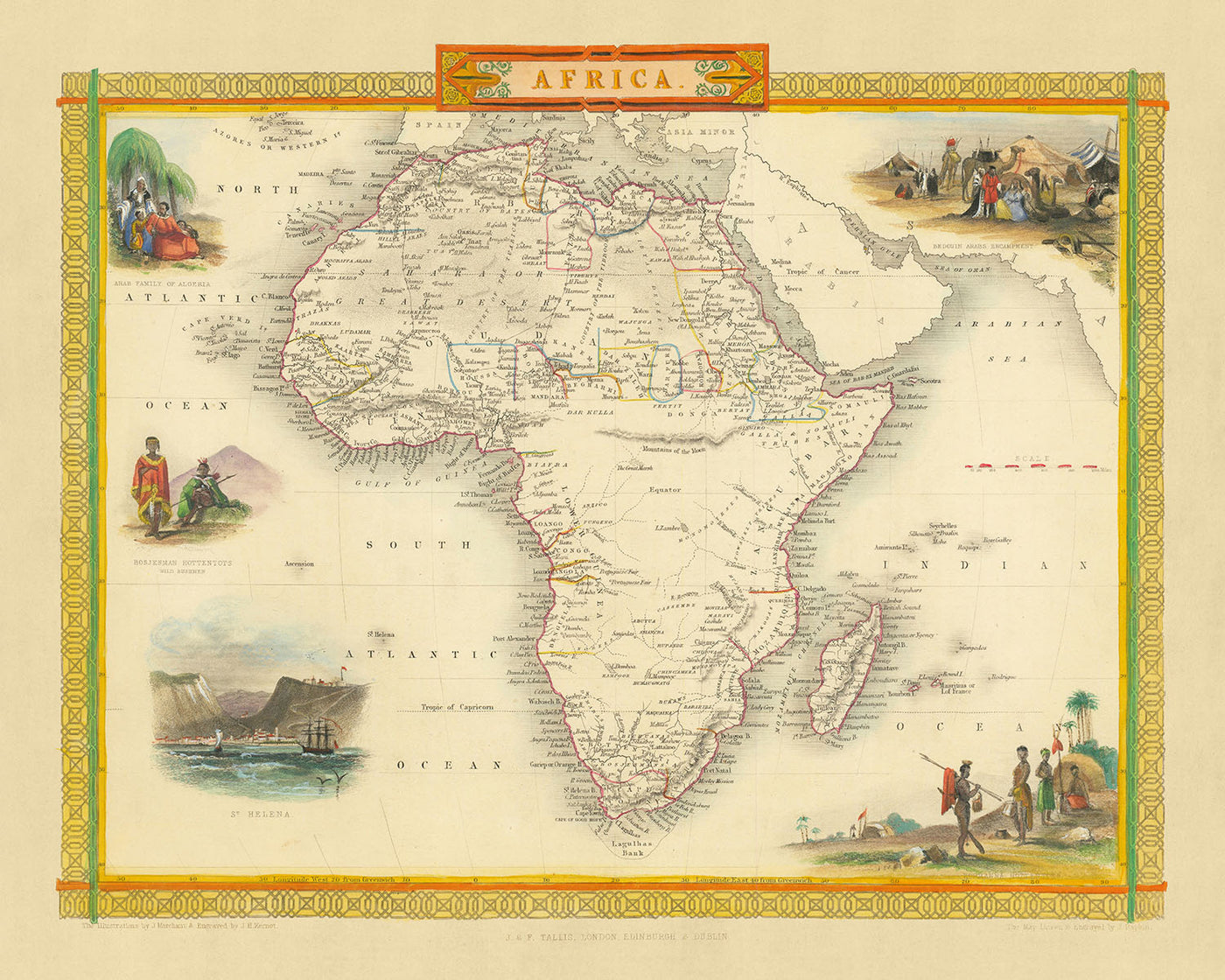 Alte Weltkarte von Afrika von Tallis & Rapkin, 1851: Detaillierte politische und physische, dekorative Vignetten, Weltkarte