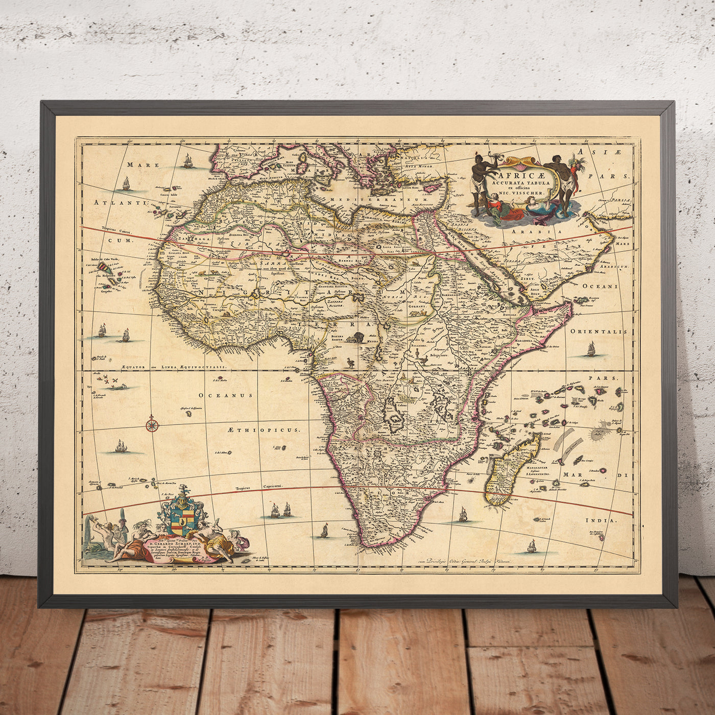 Antiguo mapa de África: 'Africae Accurata Tabula' de Visscher, 1690: El Cairo, Tombuctú, Mombasa, Luanda, Ciudad del Cabo