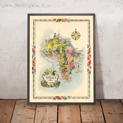 Old Pictorial Map of Africa by Liozu, 1951: Decorative Borders, Major Cities & Wildlife