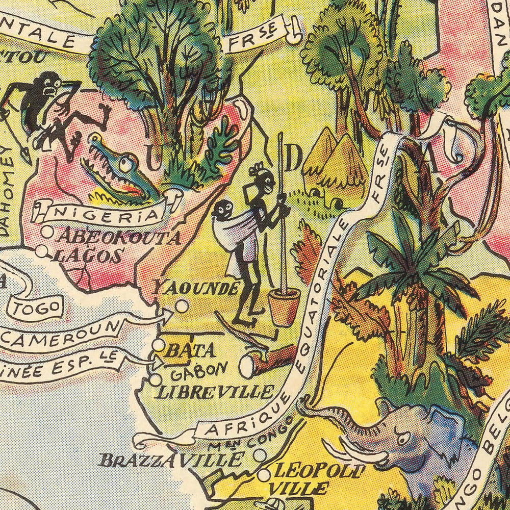 Old Pictorial Map of Africa by Liozu, 1951: Decorative Borders, Major Cities & Wildlife