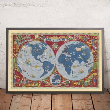 Mappa del mondo surrealista di Boucher, 1950: Rotte aeree di Air France, scene culturali, creature marine 