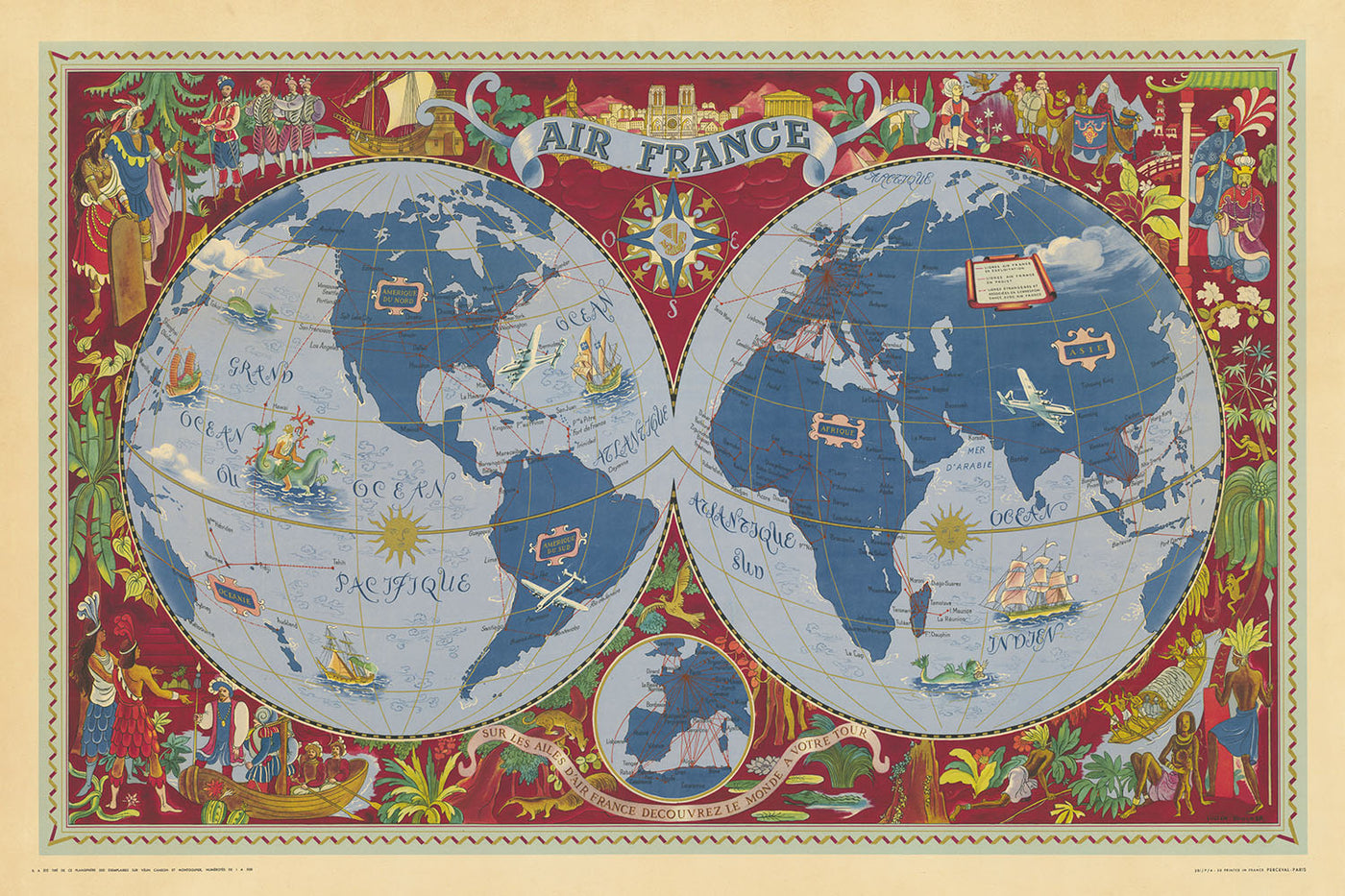 Old Surrealist World Map by Boucher, 1950: Air France Air Routes, Cultural Scenes, Sea Creatures