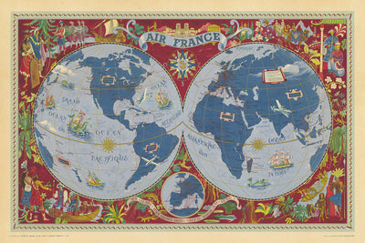 Old Surrealist World Map by Boucher, 1950: Air France Air Routes, Cultural Scenes, Sea Creatures
