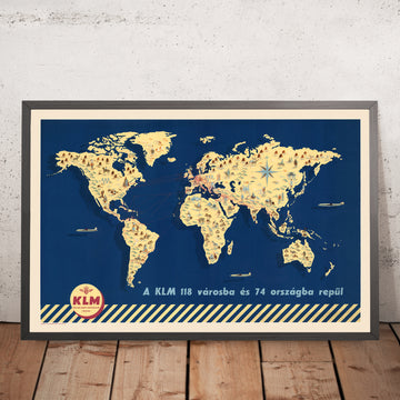 Ancienne carte du monde des itinéraires aériens de KLM, 1955 : 118 itinéraires, 74 pays, repères picturaux 