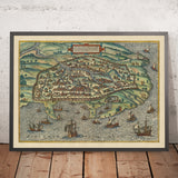 Ancienne carte Birdseye d'Alexandrie, Égypte par Braun, 1575 : Pillier de Pompée, Tours, Remparts, Bateaux, Voies navigables 
