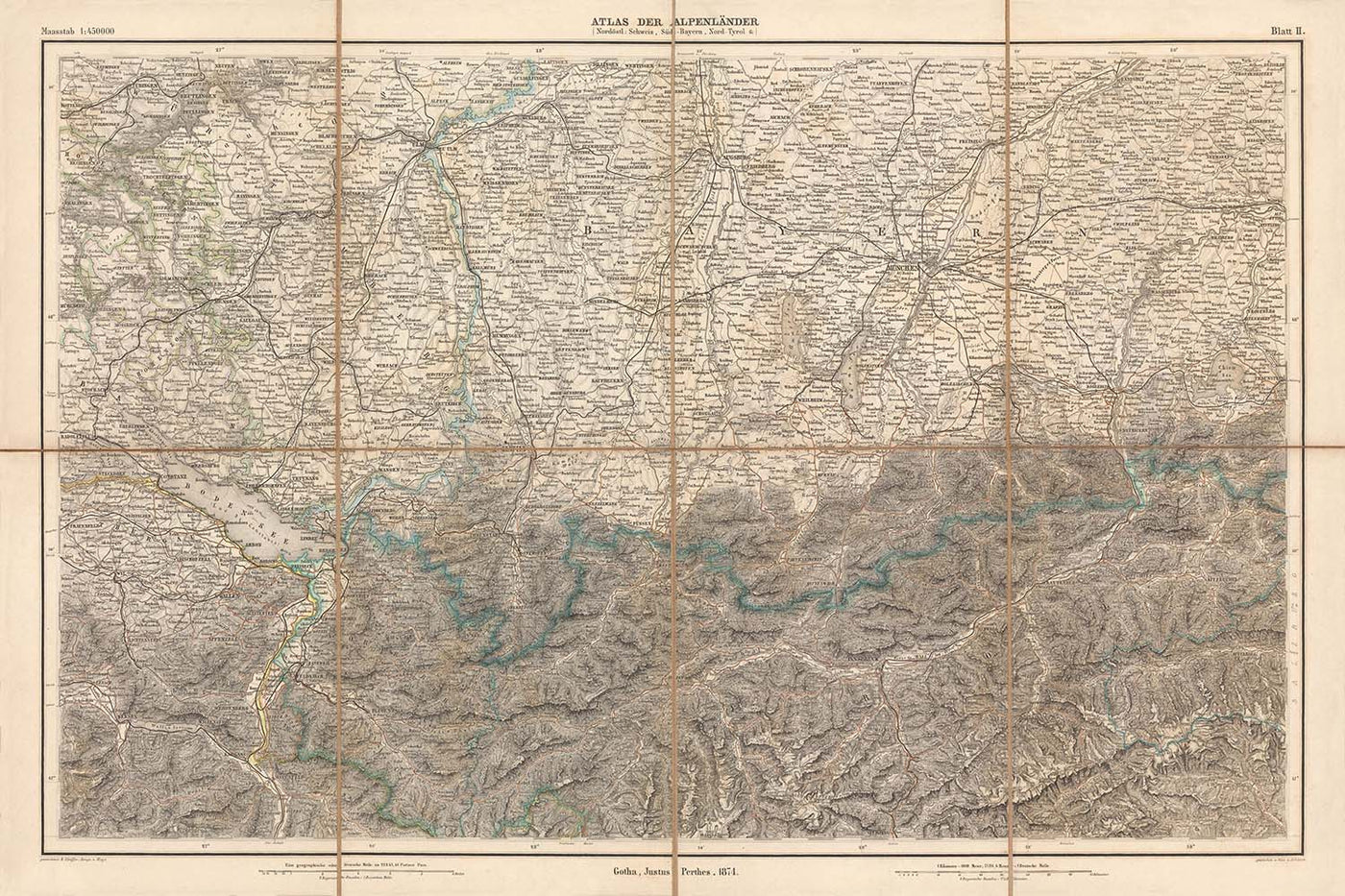 Ancienne carte des Alpes par Mayr, 1874 : Zurich, Munich, Innsbruck, lac de Constance, Alpes