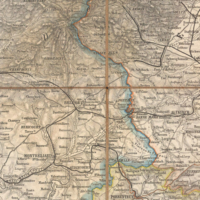 Ancienne carte de la région alpine par Mayr, 1874 : Rhin, Berne, Bâle, Forêt-Noire, voies ferrées