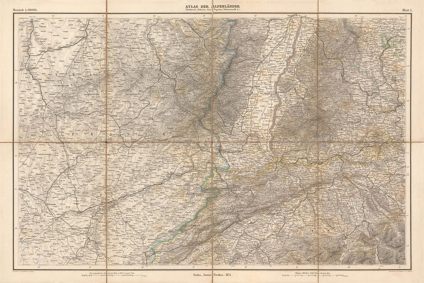 Old Map of Northwest Alps by Mayr, 1874: France, Switzerland, Germany, Bern, Straßburg