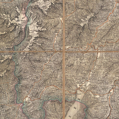 Ancienne carte de l'Italie et de la Suisse par Mayr, 1874 : Milan, Vérone, le lac de Garde, les Alpes, les voies ferrées