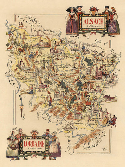 Ancienne carte picturale de l'Alsace-Lorraine par Liozu, 1951 : Strasbourg, Metz, Vosges, Verdun, Ligne Maginot