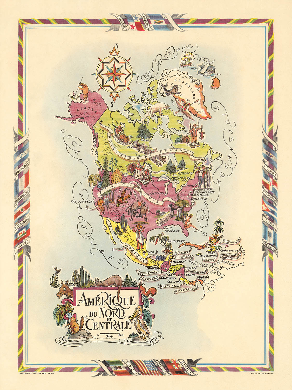 Mapa antiguo de América del Norte y Central de Liozu, 1951: estilo pictórico, vida silvestre, ciudades principales