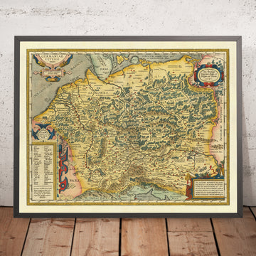 Antica mappa della Germania e del Nord Europa di Abraham Ortelius, 1624: Germania, Scandinavia, tribù germaniche 